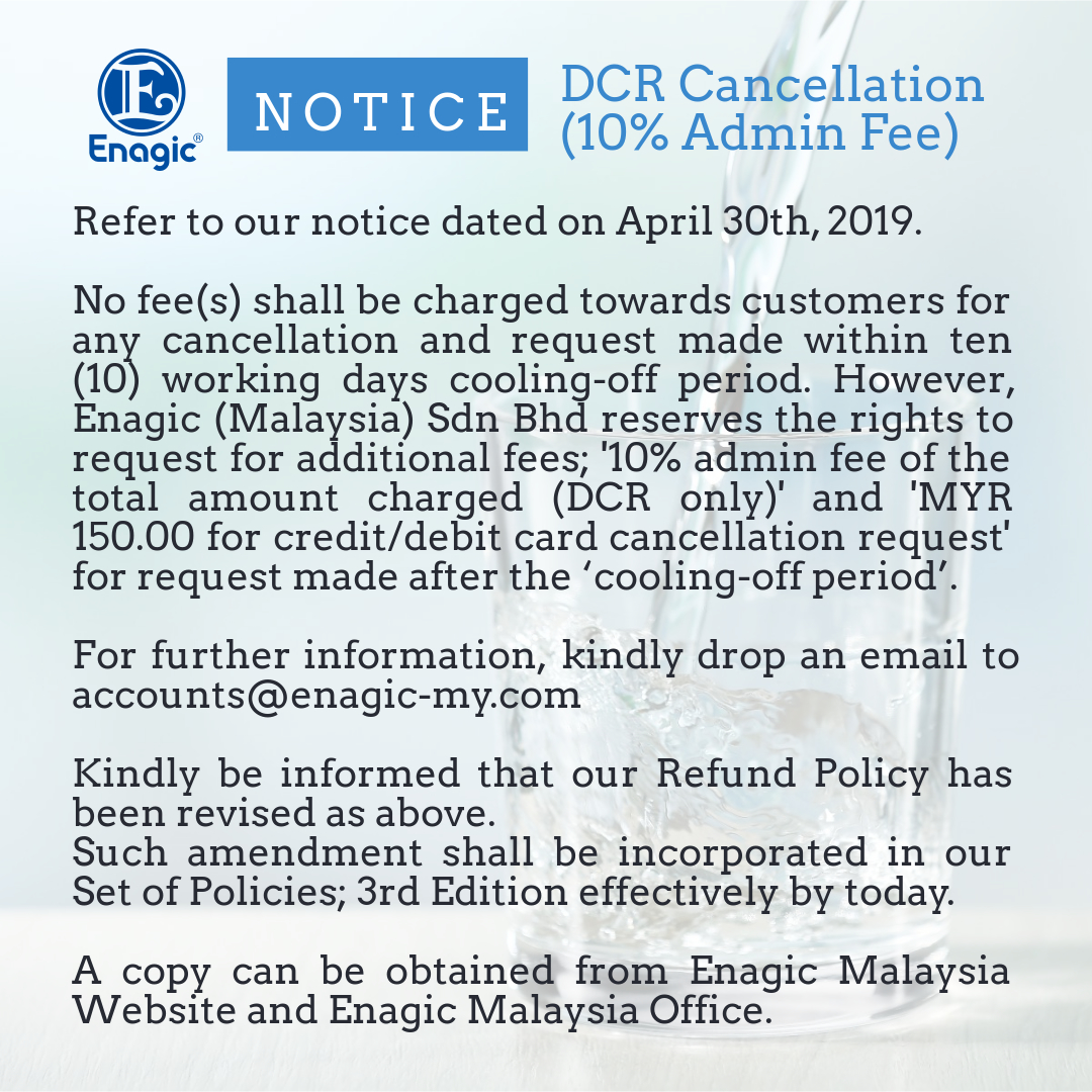 UPDATE NOTICE | DCR CANCELLATION  (Admin Fee 10%)