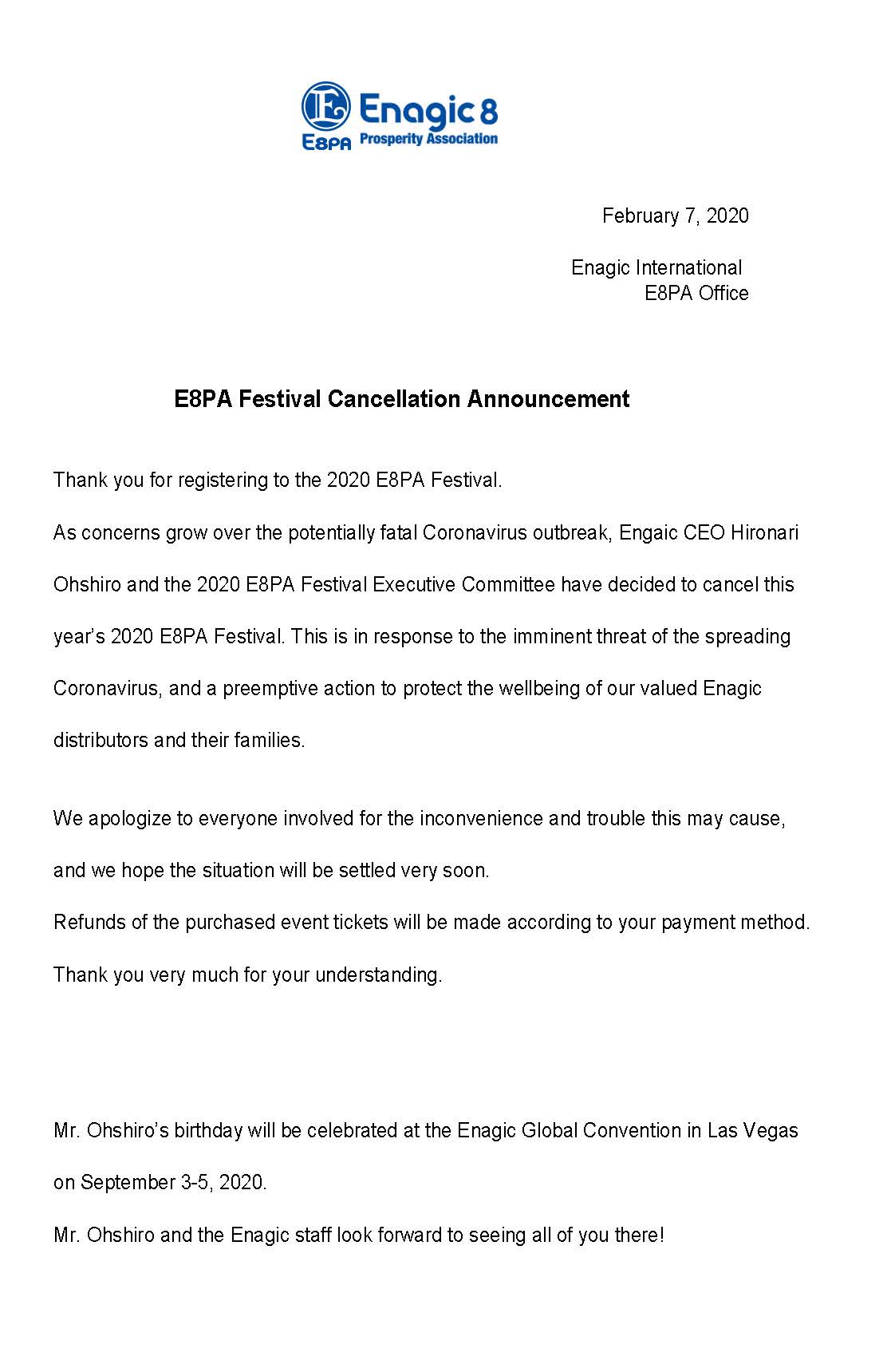 E8PA Festival Cancellation Announcement