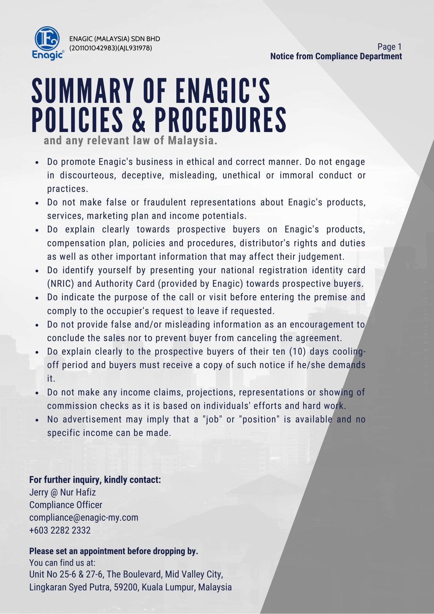 Compliance Notice | Summary Of Enagic’s Policy And Procedures