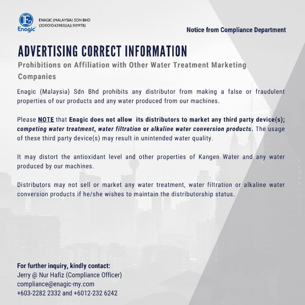 Advertising Correct Information - Prohibition on Affiliation with Other Water Treatment Marketing Companies.