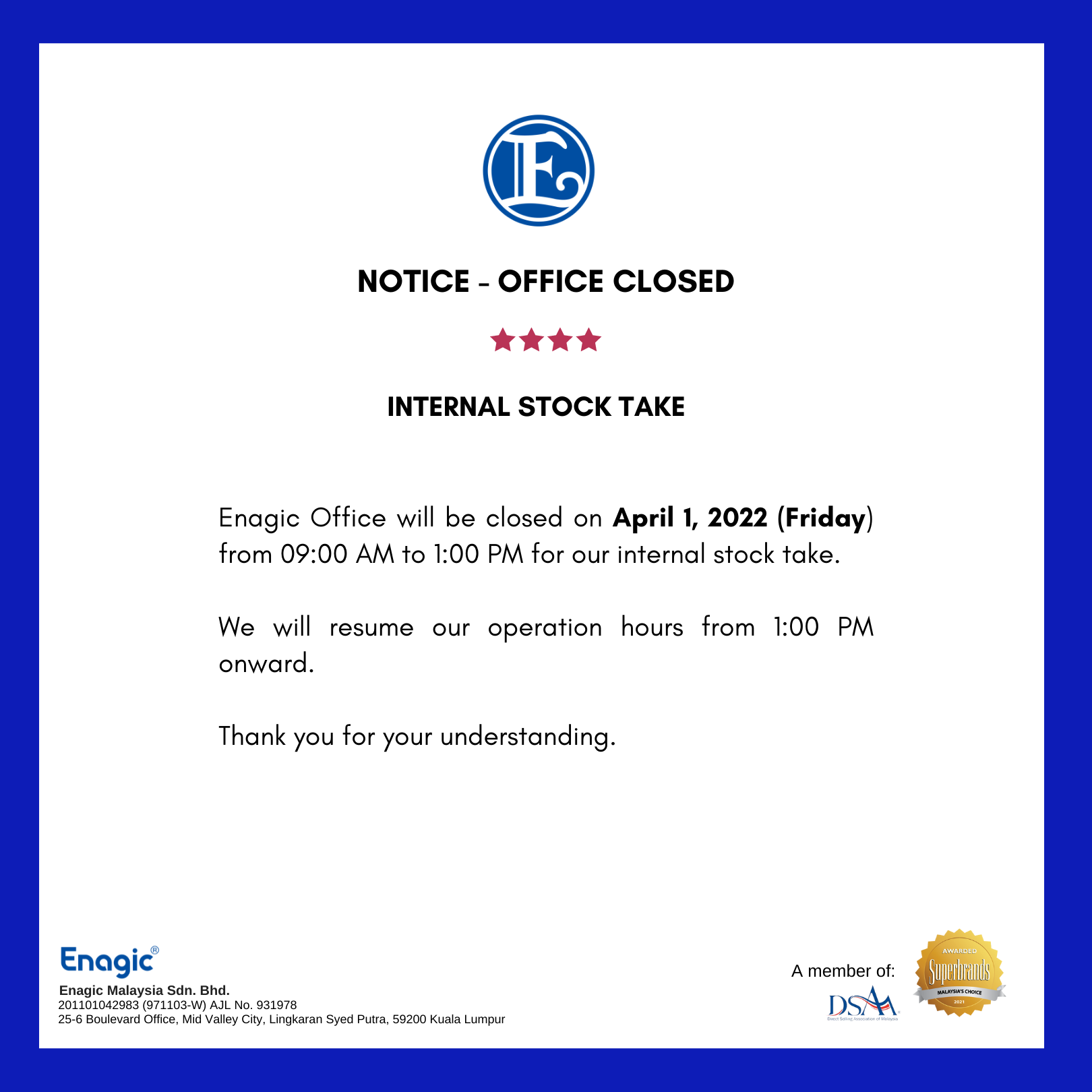 NOTICE | Office Closed Half Day (Internal Stock Take)