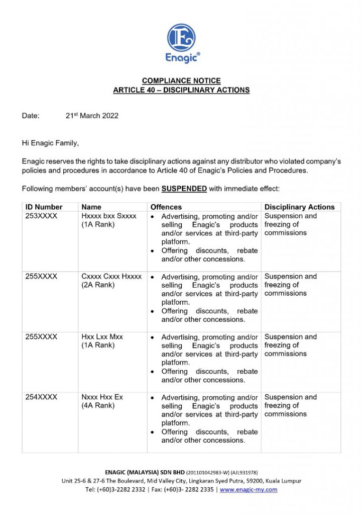 COMPLIANCE NOTICE | Article 40 - Disciplinary Actions (Suspension)