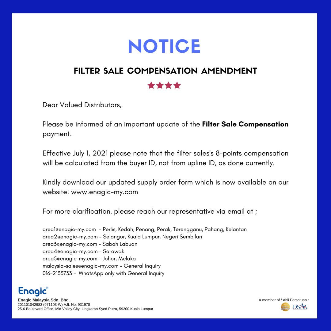 NOTICE | Filter Sale Compensation Amendment