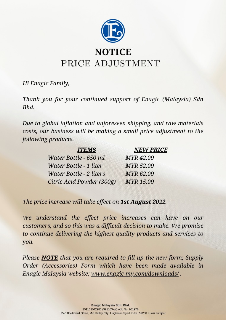 NOTICE | Price Adjustment Effective On 1st August 2022.