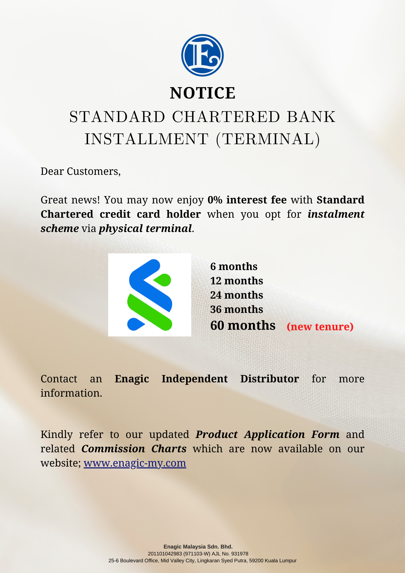 NOTICE | NEW Tenure For Standard Chartered Bank (60 Months)