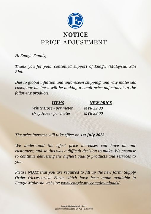 NOTICE | Price Adjustment Effective On 1st July 2023.