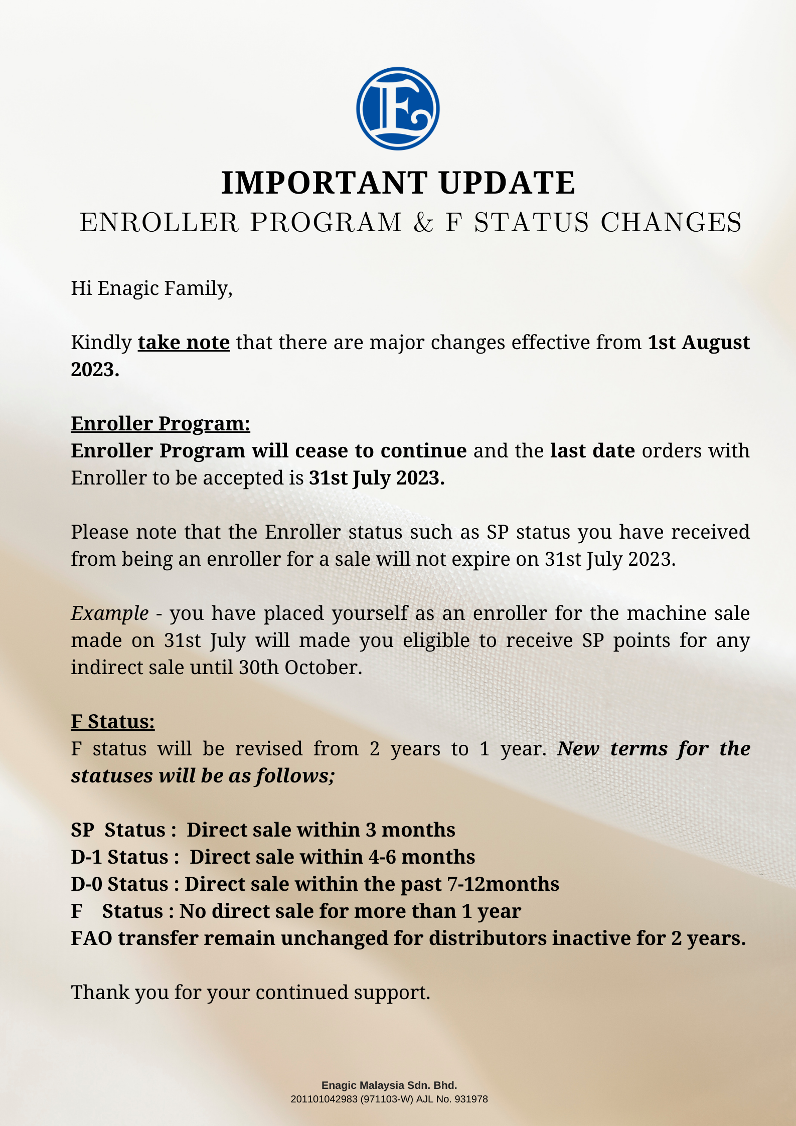 IMPORTANT UPDATE | Enroller Program And F Status Change
