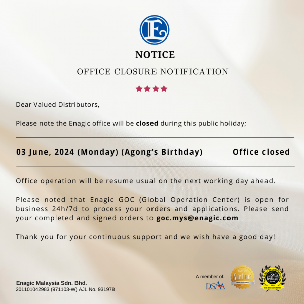 Public Holidays & Closed Notice – Enagic (Malaysia) Sdn Bhd